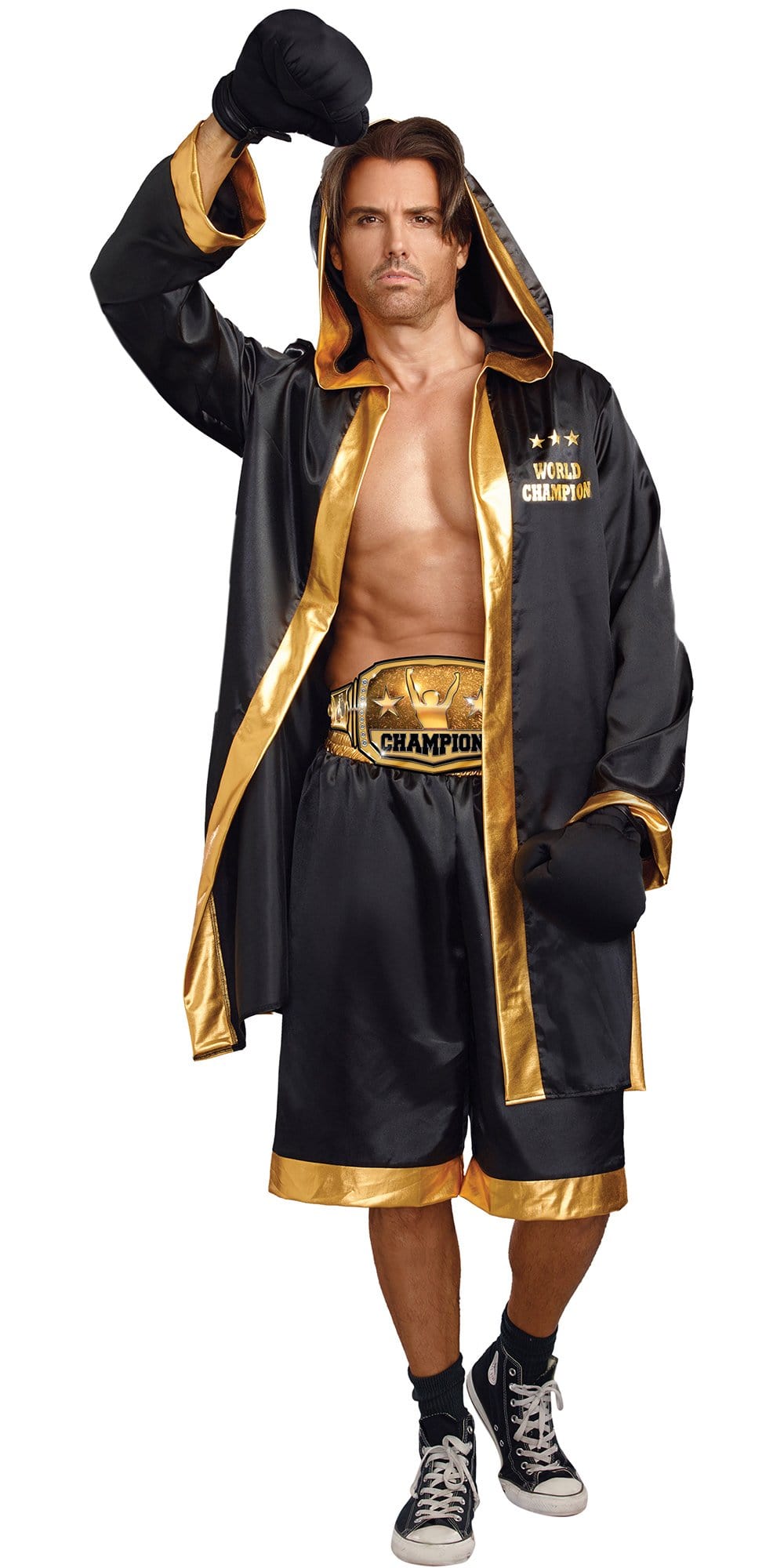 Man wearing Sexy World Champion Men's Costume with satin robe, gold belt, faux boxing gloves, and shorts, standing with a gold trophy in the background.