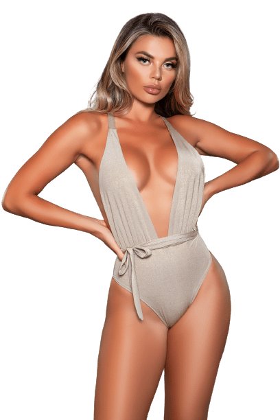Woman modeling the Sexy Zara Lurex Criss Cross Strap Plunge Swimsuit, featuring a deep plunge neckline, criss cross straps, and tie waist detail.