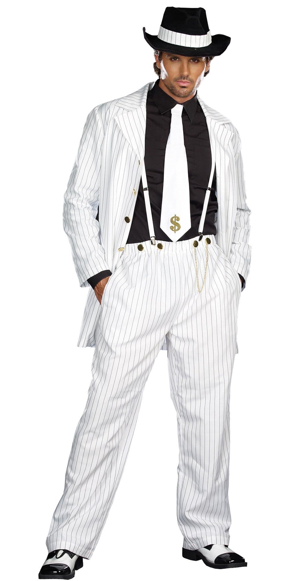 Man in a Sexy Zoot Suit Riot Men's Costume, featuring a pinstripe suit, suspenders, white tie, and black hat, embodying a jazz-inspired style.