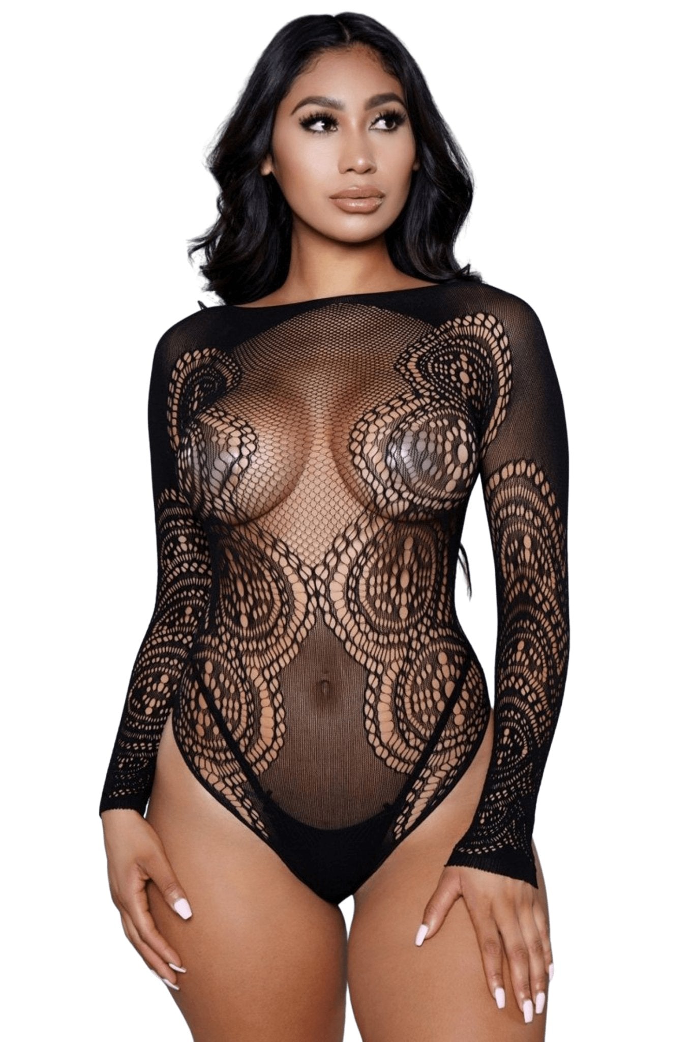 Sheer and Sexy Bodysuit with mesh and circular lace details, long sleeves, and cheeky back coverage, modeled by a woman with long black hair.