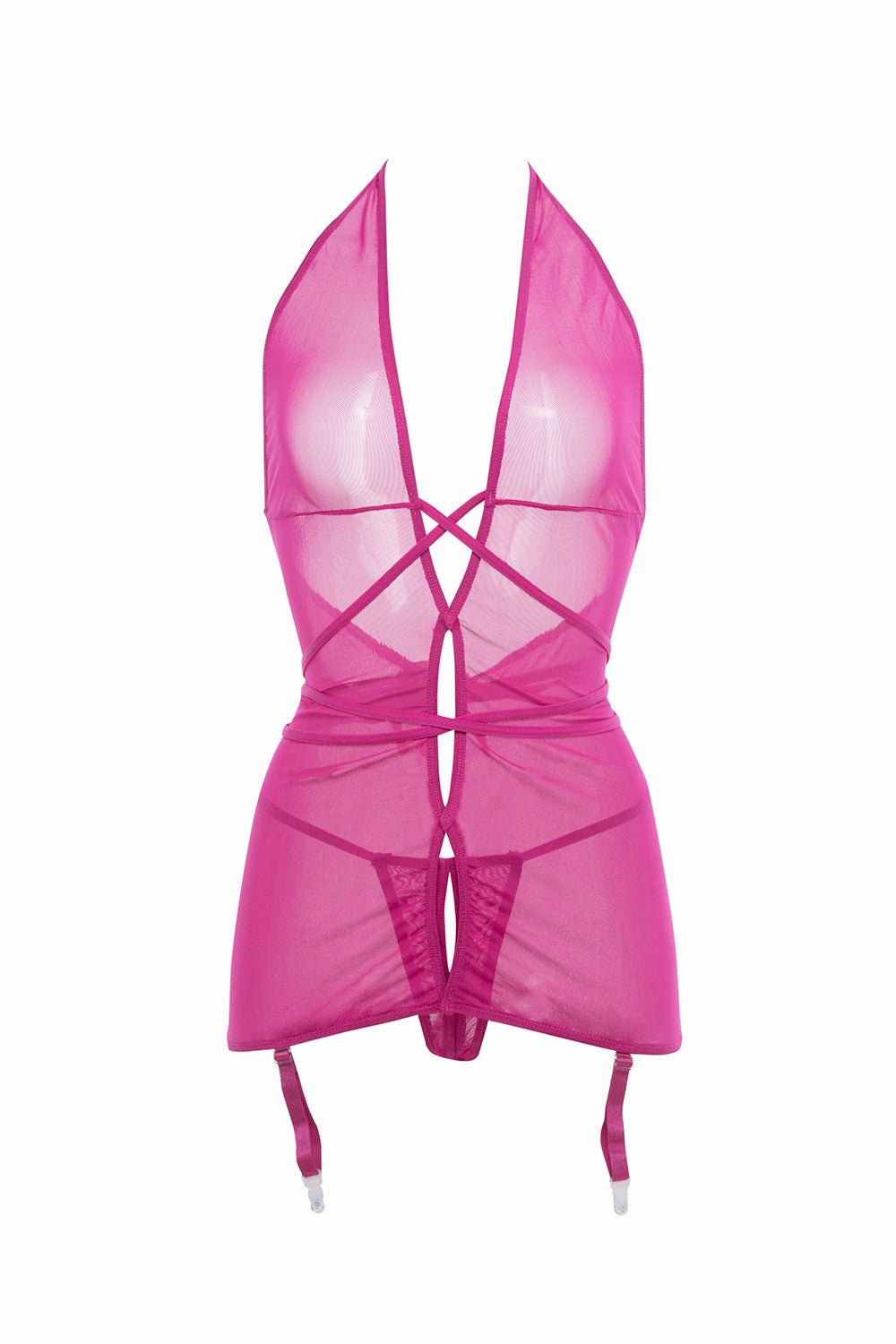 Sheer Mesh Gartered Chemise with Open Thong Musotica.com