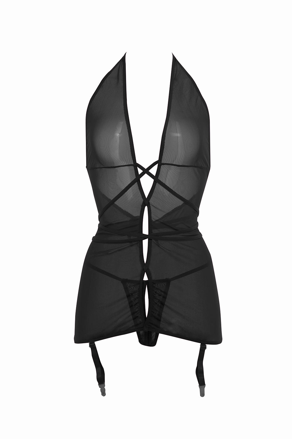 Sheer Mesh Gartered Chemise with Open Thong Musotica.com