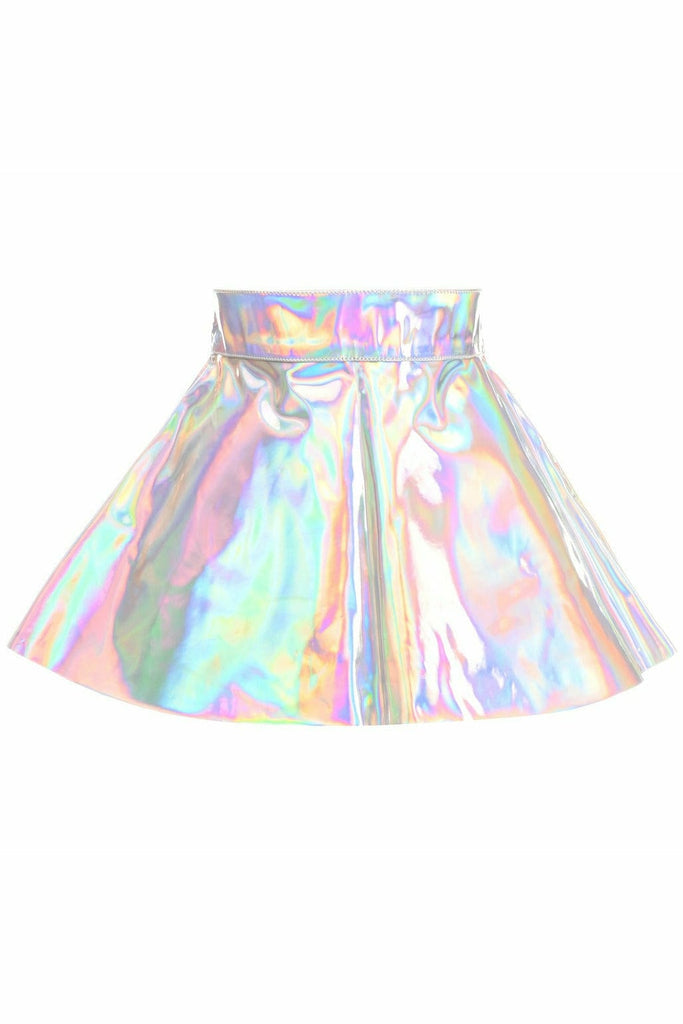 Silver Holo Skater Skirt with holographic shine, featuring a zipper and snap closure, ideal for dance and festival attire.
