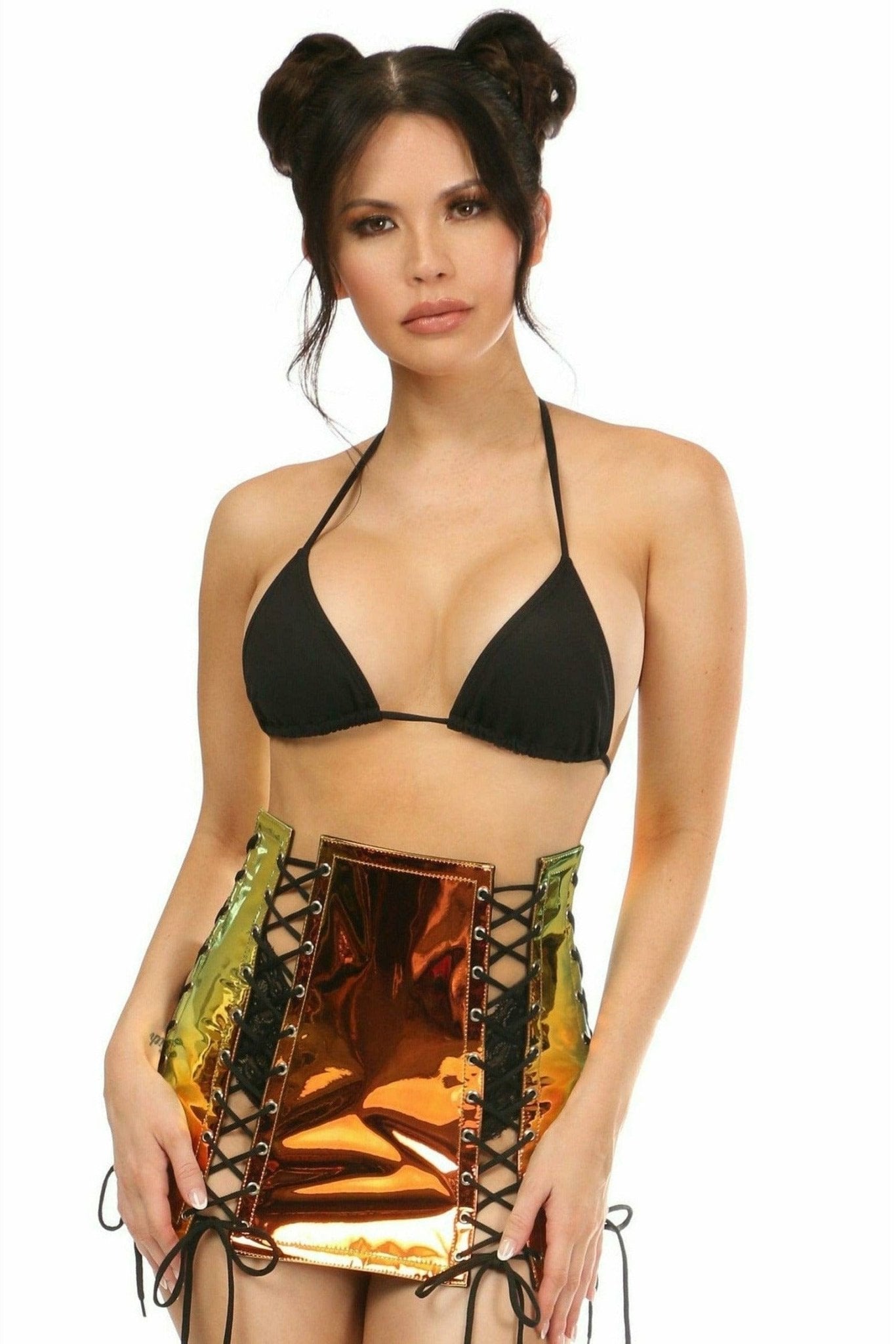 Woman modeling Sunset Hologram Lace-Up Skirt, featuring a holographic print, stretchable lace-up ties, and back zipper closure. Perfect for festivals and nightlife.