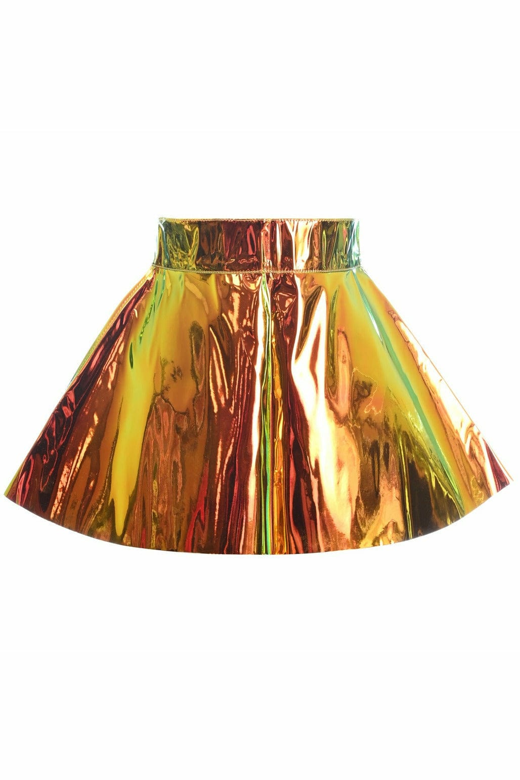 Sunset Hologram Skater Skirt with a shiny gold pattern, featuring a back zipper and snap closure. Ideal for holidays and festivals.