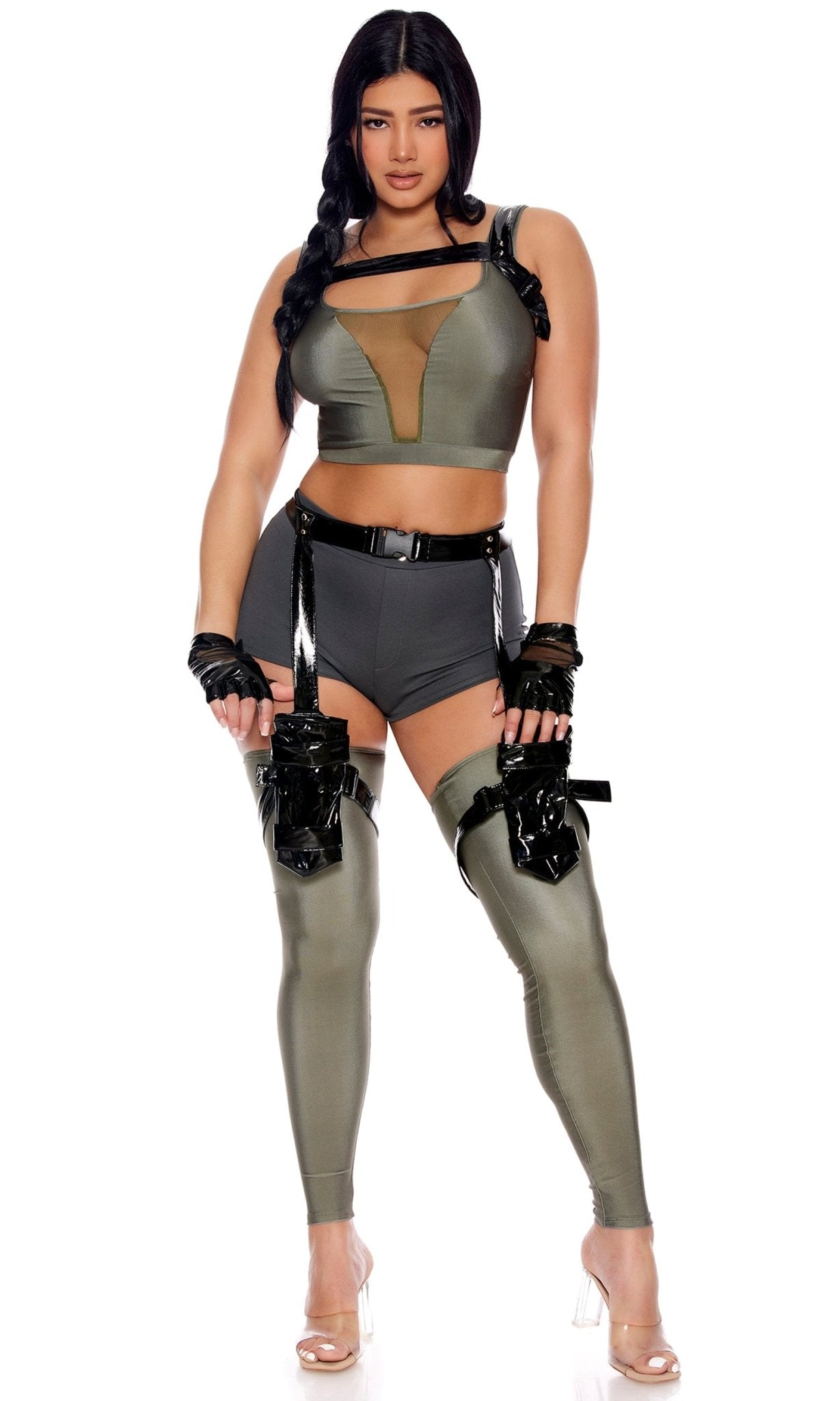 Woman modeling the Time To Raid Video Game Halloween Costume, showcasing sleeveless crop top, high-waisted shorts, vinyl harness, garter belt, and fingerless gloves.