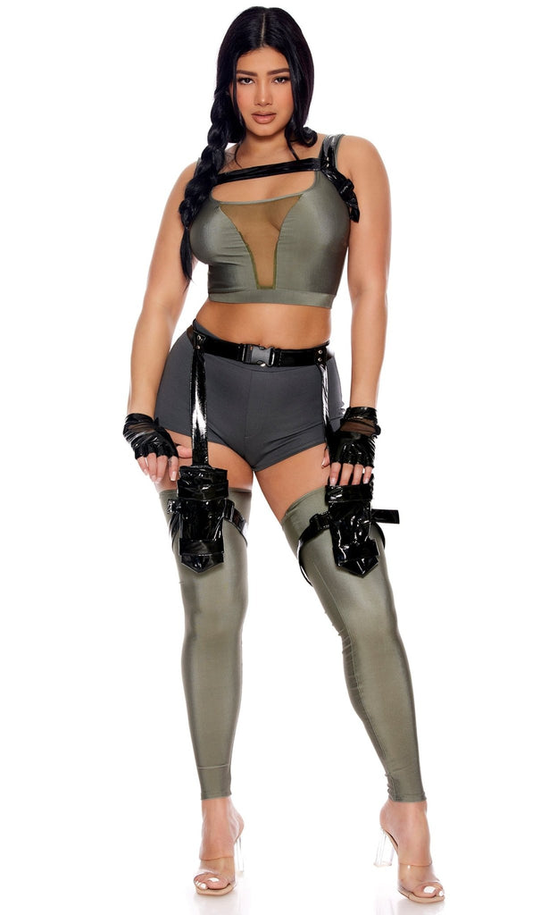 Woman modeling the Time To Raid Video Game Halloween Costume, showcasing sleeveless crop top, high-waisted shorts, vinyl harness, garter belt, and fingerless gloves.