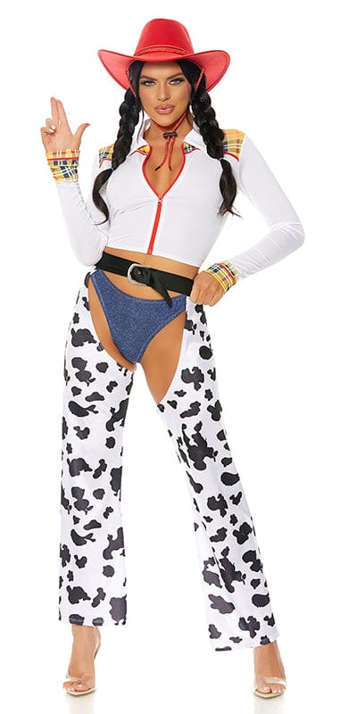 Woman wearing the When Somebody Loved Me Cowgirl Costume, featuring a long sleeve crop top, cow print chaps, and faux denim panty. Cowboy hat not included.